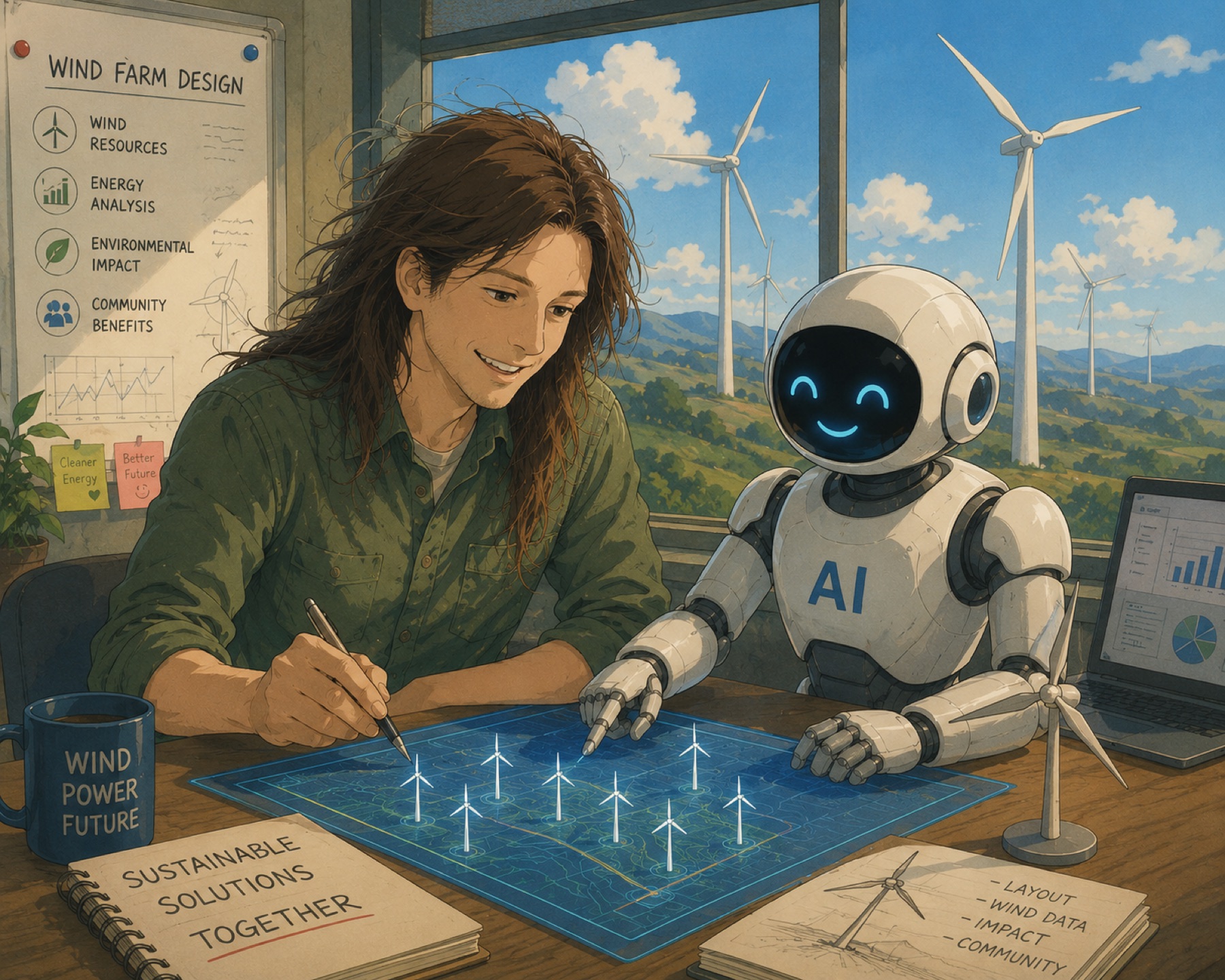 Illustration: a researcher and a robot planning turbine positions together on a glowing wind-farm blueprint